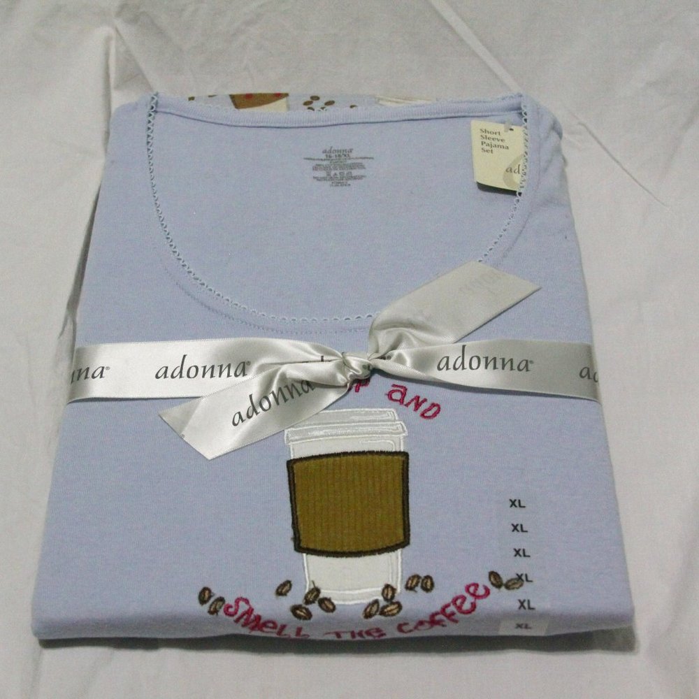 Adonna Pajama Set XL/16-18 Top and Bottoms Wake Up and Smell the Coffee